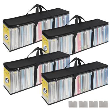 Imagem de Klmnop Sacos de armazenamento de DVD (conjunto de 4), bolsa organizadora de mídia transparente com alças e suportes de etiqueta, capa com zíper de armazenamento de CD de PVC resistente à água, cada