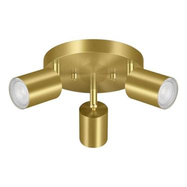 Imagem de Bricosmocon Luminária De Teto Com 3 Trilhos, Holofote Direcional Redondo Dourado, Embutida Gu10, Luzes Led Modernas Ajustáveis Para Cozinha/Sala Estar, Lâmpada Não Incluída