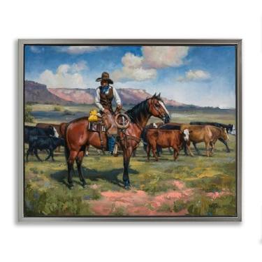Imagem de Stupell Industries Desenho de arte de parede em tela flutuante com moldura cinza cowboy gado Roundup por Jack Sorenson, 53 x 43 cm