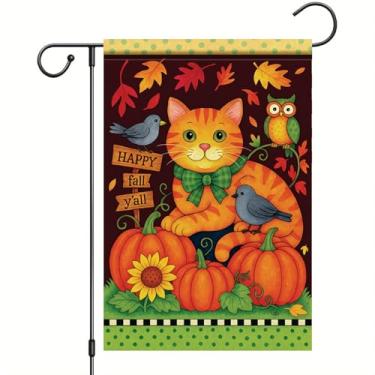 Imagem de Starlit Patio Bandeira de jardim de outono de ação de graças, desenho animado, laranja, gato, 30,5 x 45,7 cm, faixa dupla face, abóbora, pássaro, coruja, jardim, outono, decoração ao ar livre, para