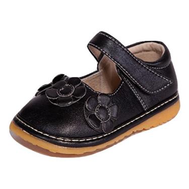 Imagem de Little Mae's Boutique Sapatos Mary Jane Brancos, Pretos, Marrom, Rosa ou Roxo Squeaky para Meninas Crianças, Tênis de Caminhada Ideal para Bebês, Tênis Removível, Black 3 Flower, 9 Toddler