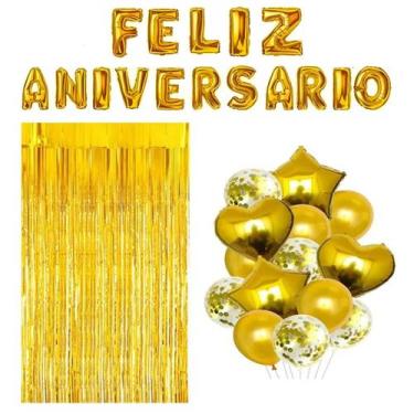 Imagem de Kit Festa Feliz Aniversário Completa Dourado com Balões - Winner Eshop