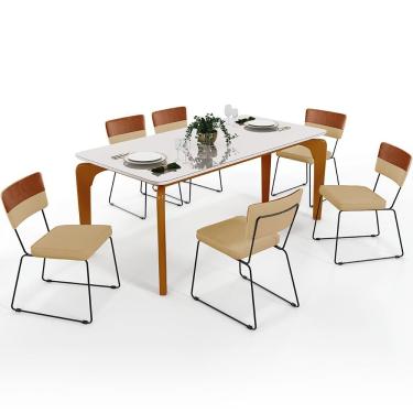 Imagem de Mesa Capri 160 Off White 6 Cadeiras Faixa Camel Bege Escuro