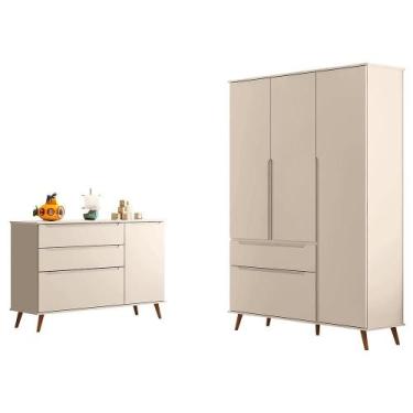 Imagem de Jogo de Quarto Infantil Retrô Melinda Guarda Roupa e Cômoda com Porta 