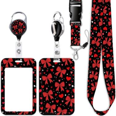 Imagem de Cordão de crachá preto Breakaway com clipe retrátil para carretel de crachá fofo chaveiro de coração de laço vermelho para mulheres, adolescentes, professores, crianças, enfermeiras para chaves de