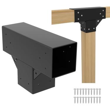 Imagem de Kit de pérgola em forma de T 15 x 15 cm (real: 14,5 cm x 14,5 cm) - 1 pacote de suportes de pérgola 6 x 6-3 vias DIY Woodworks Gazebo kit com parafusos para vigas de madeira - Suportes em T de suporte