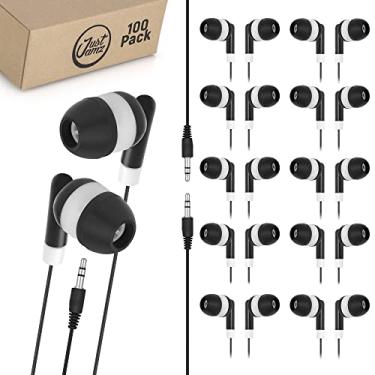Imagem de JustJamz Pacote com 100 fones de ouvido em massa | Fones de ouvido básicos, fones de ouvido intra-auriculares de ponto preto, fones de ouvido descartáveis, conjunto de fones de ouvido para estudantes,
