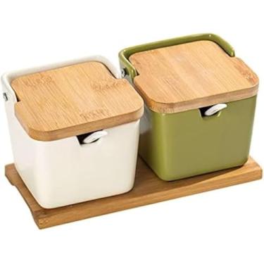 Imagem de Recipiente De Tempero Nordic Condiment Jar Com Colher E Tampa De Madeira, Conjunto Simples De Pote De Tempero Para Base, Organizador De Temperos De Porcelana, Potes De Condiment, Matcha Green*2, round