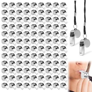 Imagem de Apito de aço inoxidável de metal com cordão, para apitos de treinador, adultos, apito sonoro alto de emergência para polícias, professores de esportes, treinadores, polícia, treinamento, árbitro de