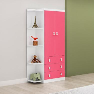 Imagem de Gurda Roupa Infantil com Estante Lateral 2 Portas 3 Gavetas Rosa