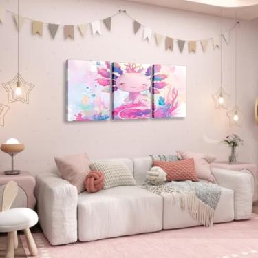 Imagem de Erosebridal Linda arte de parede em tela Axolotl para sala de estar meninos meninas Kawaii salamandra desenho animado pintura de parede pôster impressão, crianças, oceano, sereia, coral, aquarela