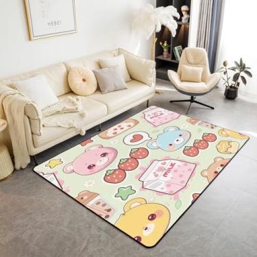 Imagem de Tapete de área de urso infantil 13 x 17 cm para crianças, meninos, meninas, morango, desenho animado, estampa de leite, conjunto de tapetes decorativos, tapetes verdes para sala de estar, decorações de quarto, kawaii, tapete de chão interno