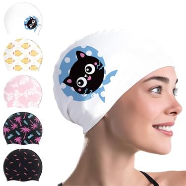 Imagem de WAVEYU Touca de natação de silicone para mulheres, touca de natação para verão e inverno, bonés de natação fofos para meninas, estampa de gato fofo