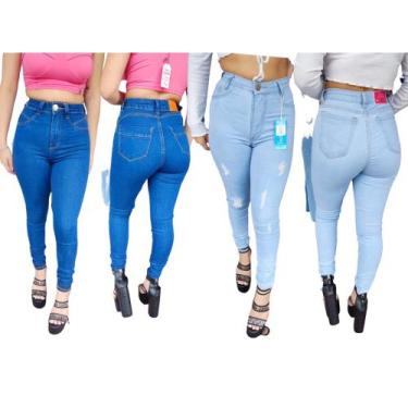 Imagem de Kit 4 Calças Feminina Jeans Lycra Cores Reta e Skinny Lisa e Rasgadas 