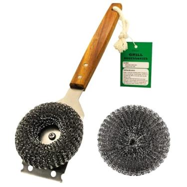 Imagem de Escova e raspador de grelha para churrasco – Limpador de churrasco de aço inoxidável seguro sem cerdas com esfregão resistente, acessórios de churrasqueira esfregadores de lã de aço