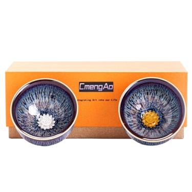 Imagem de Conjunto de xícaras de chá Tenmokus Lotus feitas à mão, estilo chinês tradicional Jianzhan em forno de cerâmica pequenas para cerimônia de chá de Gongfu, conjunto de 2 (haste)