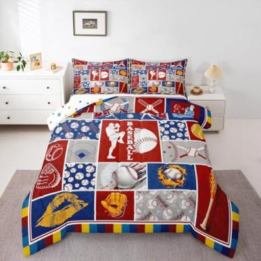 Imagem de Erosebridal Conjunto de edredom de luva de beisebol, vintage, com taco de beisebol, conjunto de cama casal, estilo patchwork, bola de softball, jogo de cama