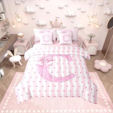 Imagem de Erosebridal Jogo de cama com laço rosa em uma bolsa, monograma, C, tamanho casal, para crianças, meninas, adolescentes, conjunto de cama kawaii, 7 peças, princesa sonhadora