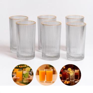 Imagem de Jogo 6 Copos De Vidro Longo Borda Dourada 420ml Alto Frisado Incolor -