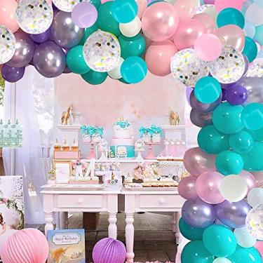 Imagem de Kit de guirlanda de balões de unicórnio, 100 peças de balões de confete de água rosa, azul, roxo, branco, para artigos de festa de sereia de unicórnio, decorações de aniversário