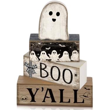 Imagem de Lineshading 4 peças decoração de mesa de Halloween bandeja de madeira fantasma em camadas decoração de madeira rústica placas de bloco fantasma presente centro de Halloween casa de fazenda para casa