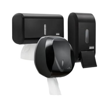 Imagem de Kit Dispenser Para Banheiros Toalheiro Interfolha Toalha + Saboneteira 400ml Gel Líquido + Dispenser Papel Higiênico Rolão Shopping Escola Consultório Mercado