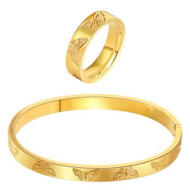 Imagem de MHWTTY Conjunto de anéis de pulseira de borboleta de prata dourada, pulseira de aço inoxidável, design delicado de amor para mulheres, presente de aniversário de casamento, Ring Size 8, Metal, Sem