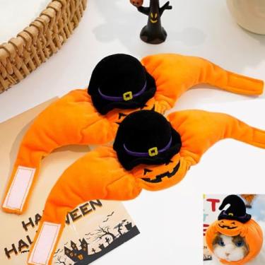 Imagem de Fantasia de chapéu de abóbora para animais de estimação de Halloween, boné de pelúcia laranja com chapéu de bruxa preto, tamanho ajustável 36 x 9 cm, para gatos e cães pequenos, acessório de festa de