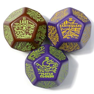 Imagem de Weather, Severe Weather & Geography Generator Dice Set | 3 Jumbo D12s for D&D, Pathfinder & TTRPGs | Hand-Illustrated | Worldbuilding & Encounter Inspiration for Game Masters (Purple & Brown)