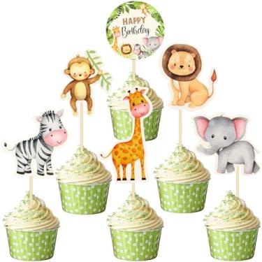 Imagem de 24 peças de topo de cupcake de animais de fazenda, leão, macaco, elefante, zebra, aniversário, animais, decorações de festa de aniversário para crianças chá de bebê