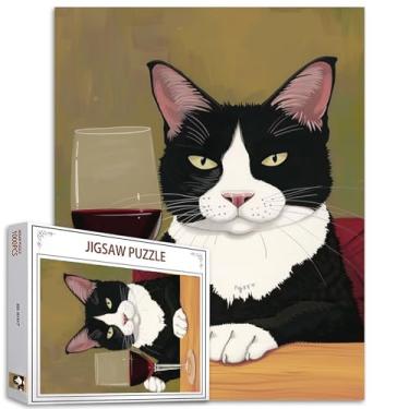 Imagem de Quebra-cabeça de gato preto e branco bebendo vinho para adultos 1000 peças, quebra-cabeça de taça de vinho tinto 50 x 68 centímetros quebra-cabeça colorido para família perfeito para noites de jogos