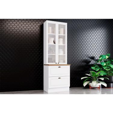 Imagem de Paneleiro de Cozinha Modulado Cristaleira Americana c/ 2 Portas (2 c/Vidro) c/ 2 Gavetas 71.5cm Branco/Nature - Henn
