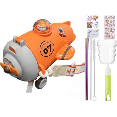 Imagem de viva story Garrafa de viagem aeronáutica com trem de palha copo para beber gelo leite café desenho animado ônibus copo de plástico para piquenique festa presente de aniversário (laranja Aircarft, 500