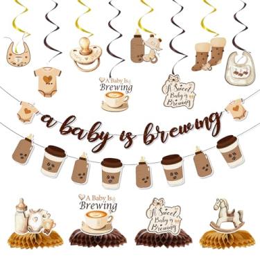 Imagem de Gameza a Baby is Brewing Decorações de chá de bebê, 14 peças de banners de festa de chá de bebê com decorações de redemoinhos pendurados, centro de mesa com tema de café, revelação de gênero, favo de