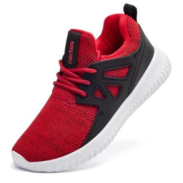 Imagem de nerteo Tênis infantil para meninos e meninas tênis de corrida leve respirável tênis escolar para crianças pequenas/crianças grandes, Preto/vermelho, 35.5 EU