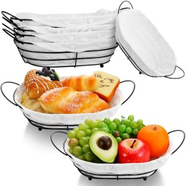 Imagem de Kathfly Cesta de servir pão de metal com 4 peças com pano de forro, mesa de 30 x 20 x 10 cm, armazenamento de comida rápida, cesta de jantar de arame preto para servir sanduíches, frutas, vegetais