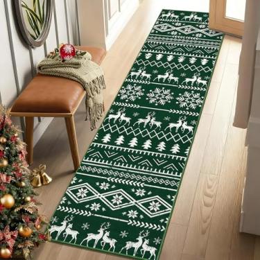 Imagem de Yamaziot Tapete de corredor de Natal, tapete antiderrapante lavável para corredor com suporte de borracha, tapete de lã sintética de pelo baixo, decoração de Natal para quarto, cozinha, lavanderia