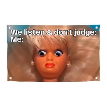 Imagem de Bandeira feminina de 9,5 x 1,8 m com citação "We Listen and We Dont Judge" com quatro ilhós de latão - Banner de poliéster para dormitório universitário para decoração de parede - Bandeiras de boneca