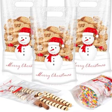 Imagem de Gersoniel 50 sacos de presente de Natal, sacos de plástico seláveis de boneco de neve com alças para lembrancinhas de festa de Natal, doces, pequenos suprimentos de embrulho de presente para decoração