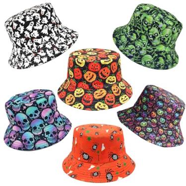 Imagem de HEYTOP 6 Pack Halloween Hats, Halloween Party Bucket Hats, Pumpkin Demon Skull Ghost Spider Web Pattern Hat Accessories for Adults Teens, Halloween Costume, Party Supplies