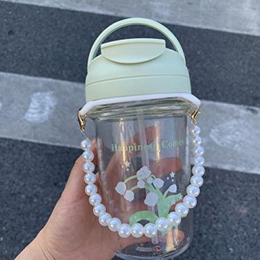 Imagem de Garrafa de água com flor fofa de 500 ml para corrente de pérola portátil vidro transparente duplo beber caneca de café xícara de chá de leite