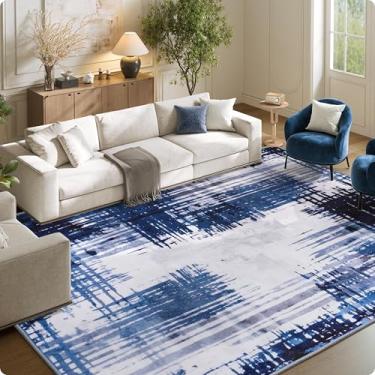 Imagem de Tapete abstrato moderno 1,8 x 2,5 m - antiderrapante lavável à máquina tapete para sala de estar - tapete macio para decoração de casa azul-marinho branco