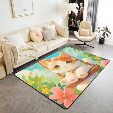 Imagem de Feelyou Tapete de gato fofo para sala de estar, quarto, 12 x 18 cm, conjunto de capa de edredom com desenho de gato laranja para crianças, meninos, meninas, adolescentes, decoração floral, tema nutrue