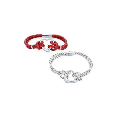 Imagem de Bling Jewelry Pulseira feminina de couro com cordão trançado fino trançado vermelho branco rosa coração aberto namorada aço prateado, One Size, Couro Metal, Sem Pedra Preciosa