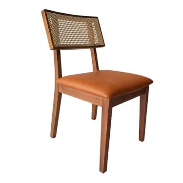 Imagem de Cadeira de Jantar Estofada Madeira Maciça e Rattan no Encosto - Allego (Corino Marrom)