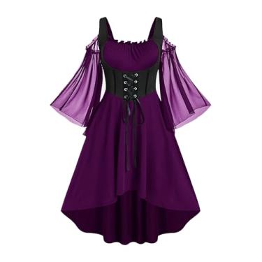 Imagem de ROSE GAL Vestido feminino estilo punk plus size com ombro vazado, mangas flare, cadarço alto, baixo, evasê, midi gótico, vestido renascentista espartilho (roxo_2/5X)