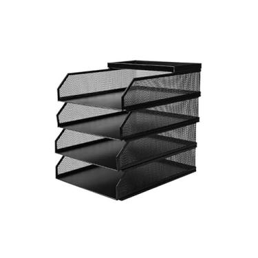 Imagem de Organizador de arquivos de mesa Bandeja de armazenamento papel em malha metal empilhável, porta-arquivos revistas A4, classificador documentos