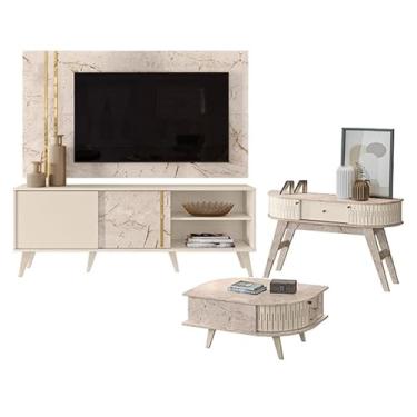 Imagem de Rack Bancada e Painel para TV Cronos com Aparador Estoril e Mesa de Centro Indianápolis Calacata Off White - Madetec