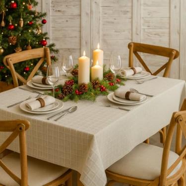 Imagem de Lizzi Home Decor Toalha de Mesa Artesanal, Algodão Cru, Retangular 150x220cm, Textura Quadriculada, para Mesa de 6 Lugares, Decoração de Mesa de Jantar