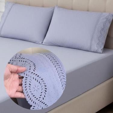 Imagem de Jogo de Cama Lençol King Size 3 Peças Bordado Inglês 400 Fios Lese - M